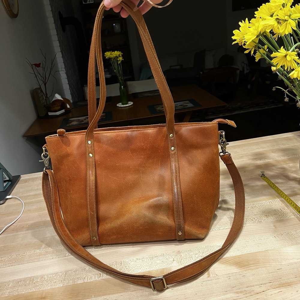 Szone Brown Cowhide Leather Tote Bag, Zipper Closure, Dual Strap, Large Size
